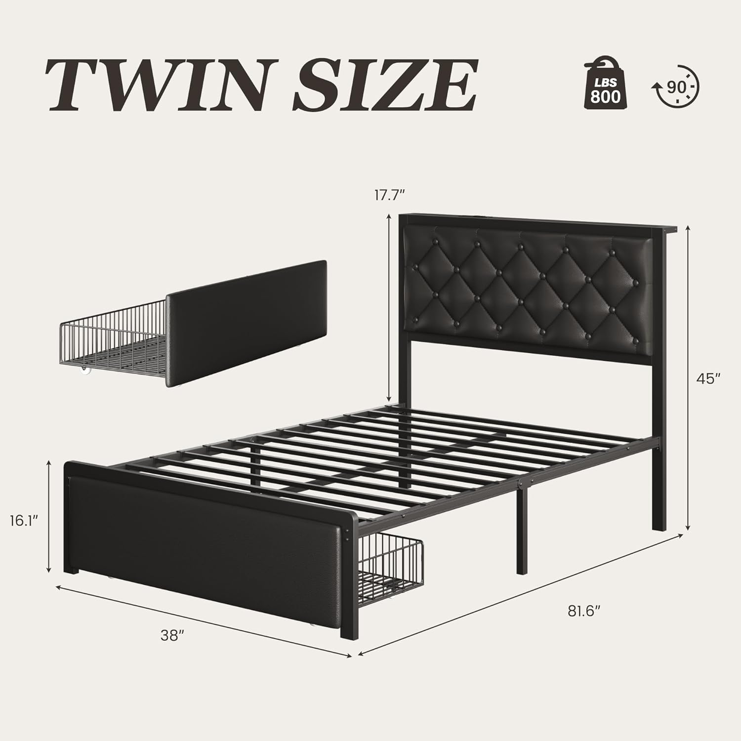 Queen Bed Frame with 2 Storage Drawers, Upholstered Headboard Button Tufted Bed Frame with Charging Station, No Box Spring Needed, Noise-Free, All Metal Structure, Black