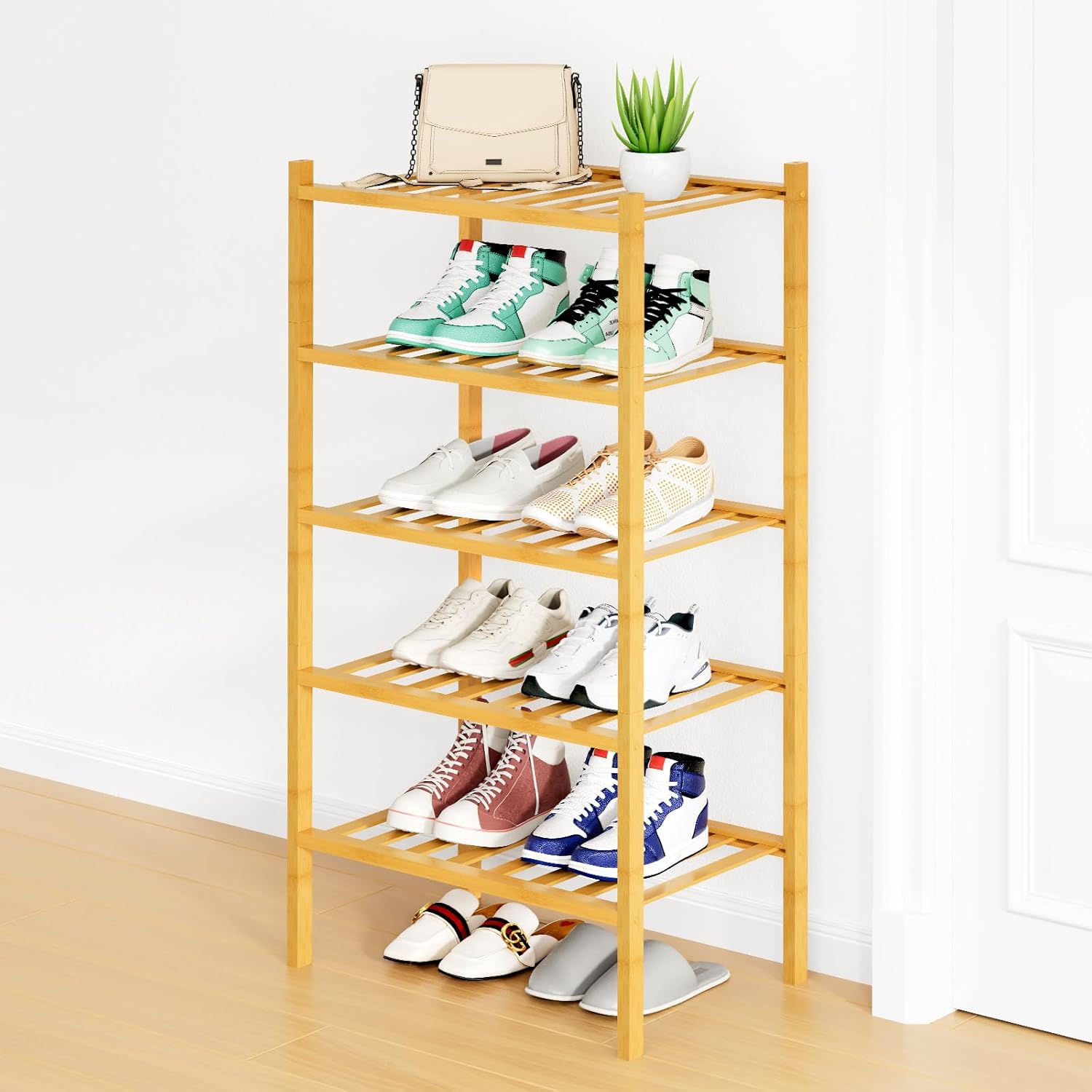 Shoe Rack, 3 Tier Bamboo Shoe Organizer,