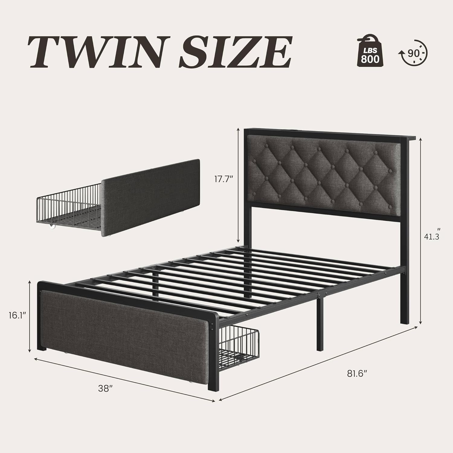 Queen Bed Frame with 2 Storage Drawers, Upholstered Headboard Button Tufted Bed Frame with Charging Station, No Box Spring Needed, Noise-Free, All Metal Structure, Black