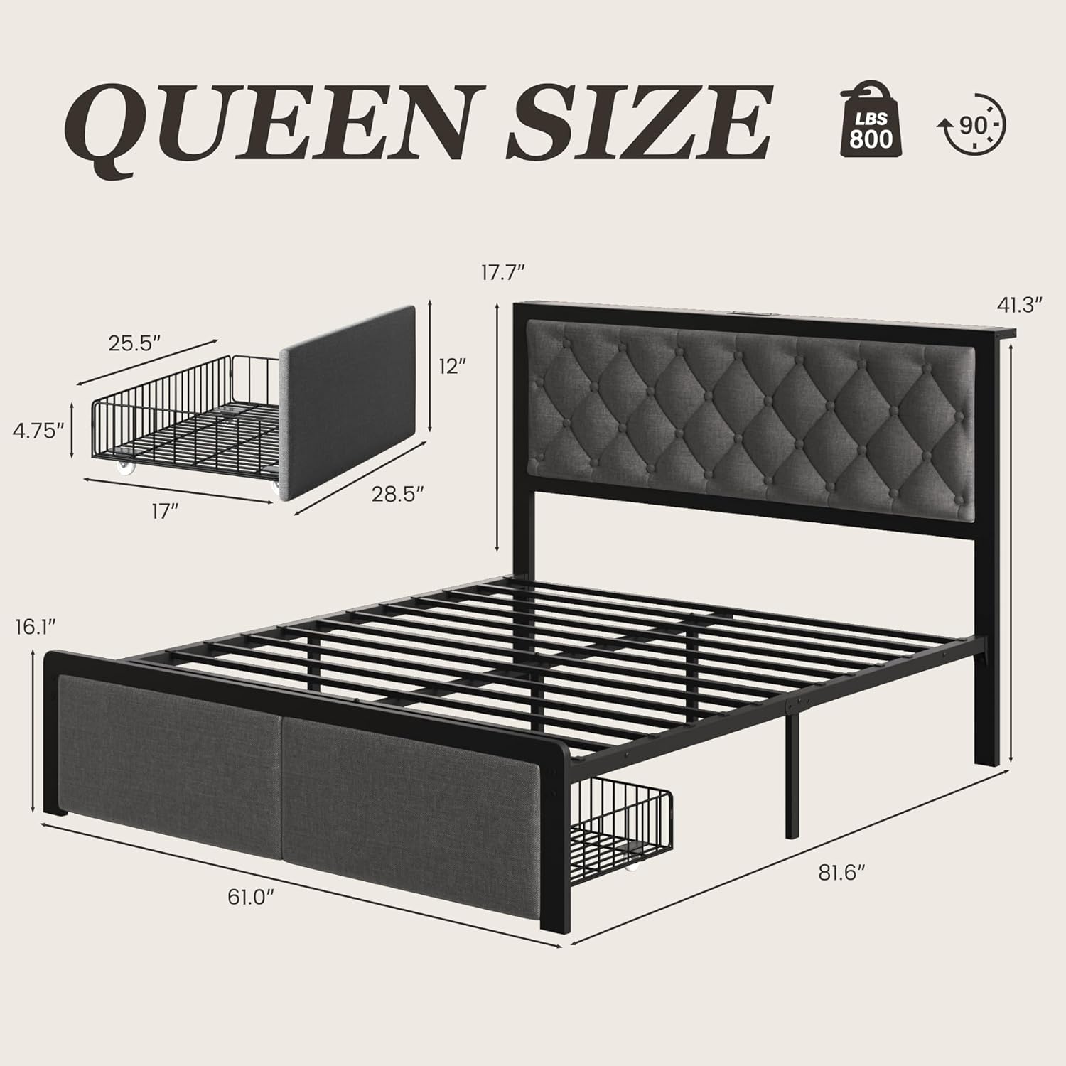 Queen Bed Frame with 2 Storage Drawers, Upholstered Headboard Button Tufted Bed Frame with Charging Station, No Box Spring Needed, Noise-Free, All Metal Structure, Black