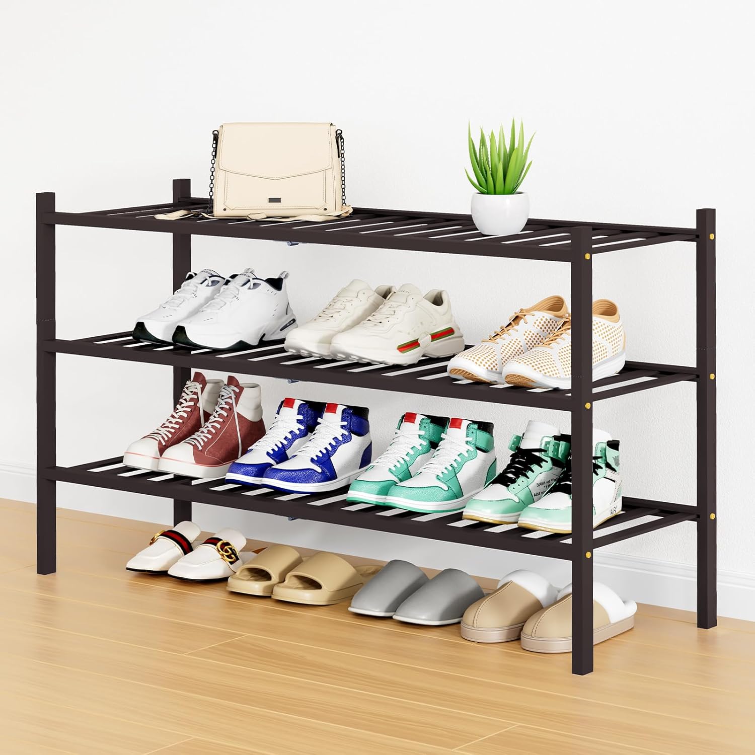 Shoe Rack, 3 Tier Bamboo Shoe Organizer,