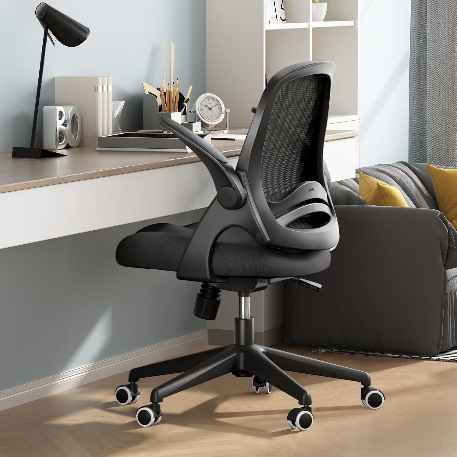 Office Desk Chair with Flip-Up Armrests and Saddle Cushion