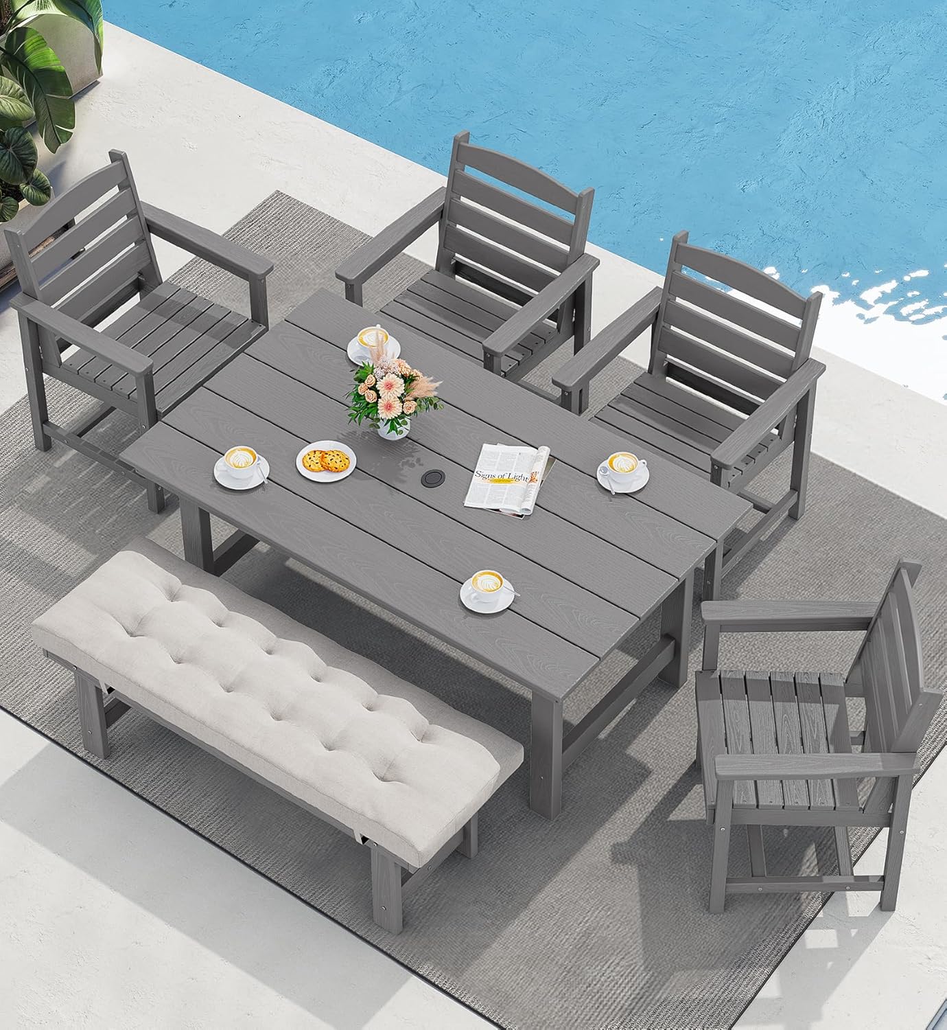 Outdoor HDPE Dining Table Set, 7-Piece Outdoor Dining Table Sets