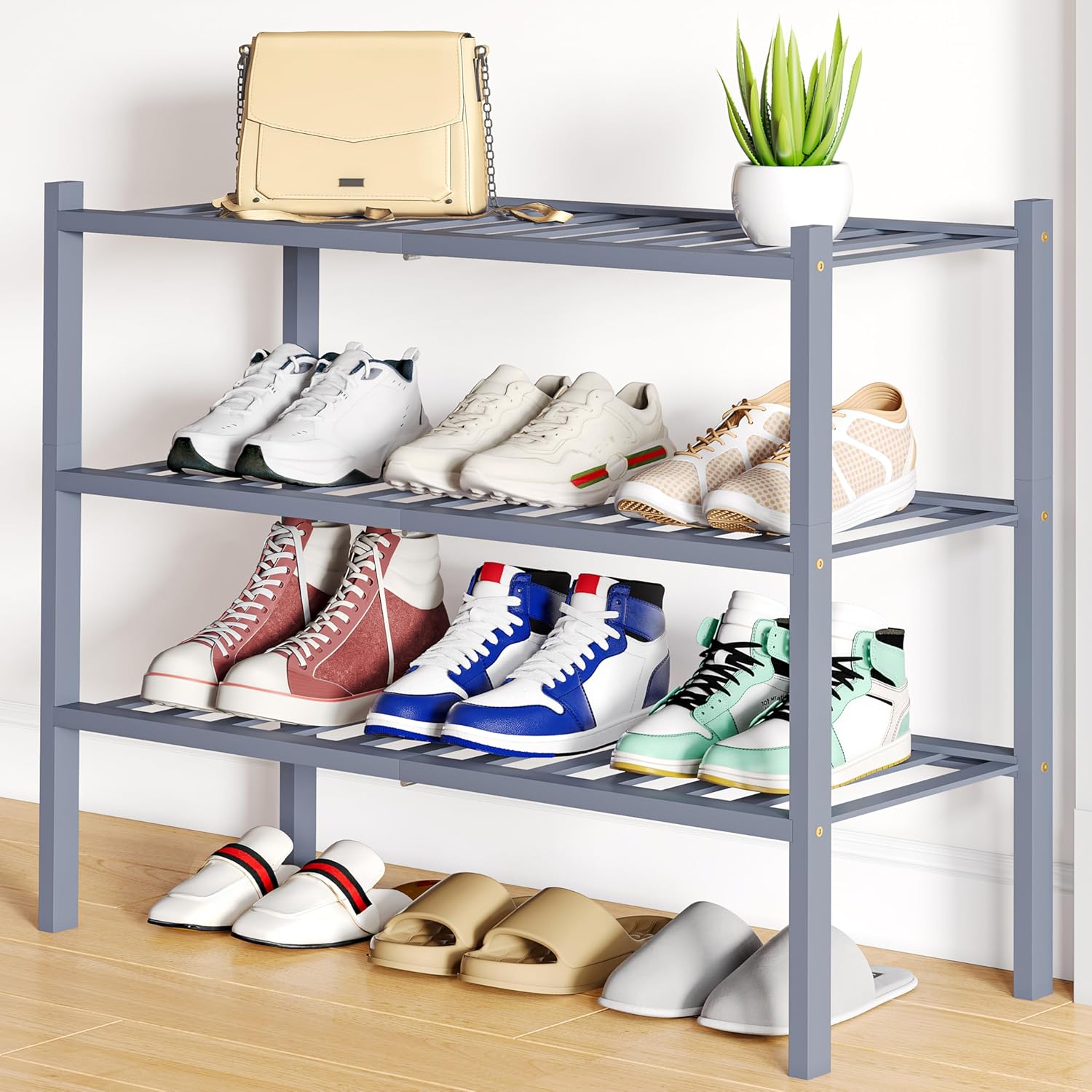 Shoe Rack, 3 Tier Bamboo Shoe Organizer,
