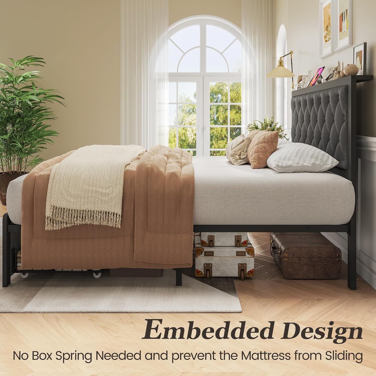 Queen Bed Frame with 2 Storage Drawers, Upholstered Headboard Button Tufted Bed Frame with Charging Station, No Box Spring Needed, Noise-Free, All Metal Structure, Black