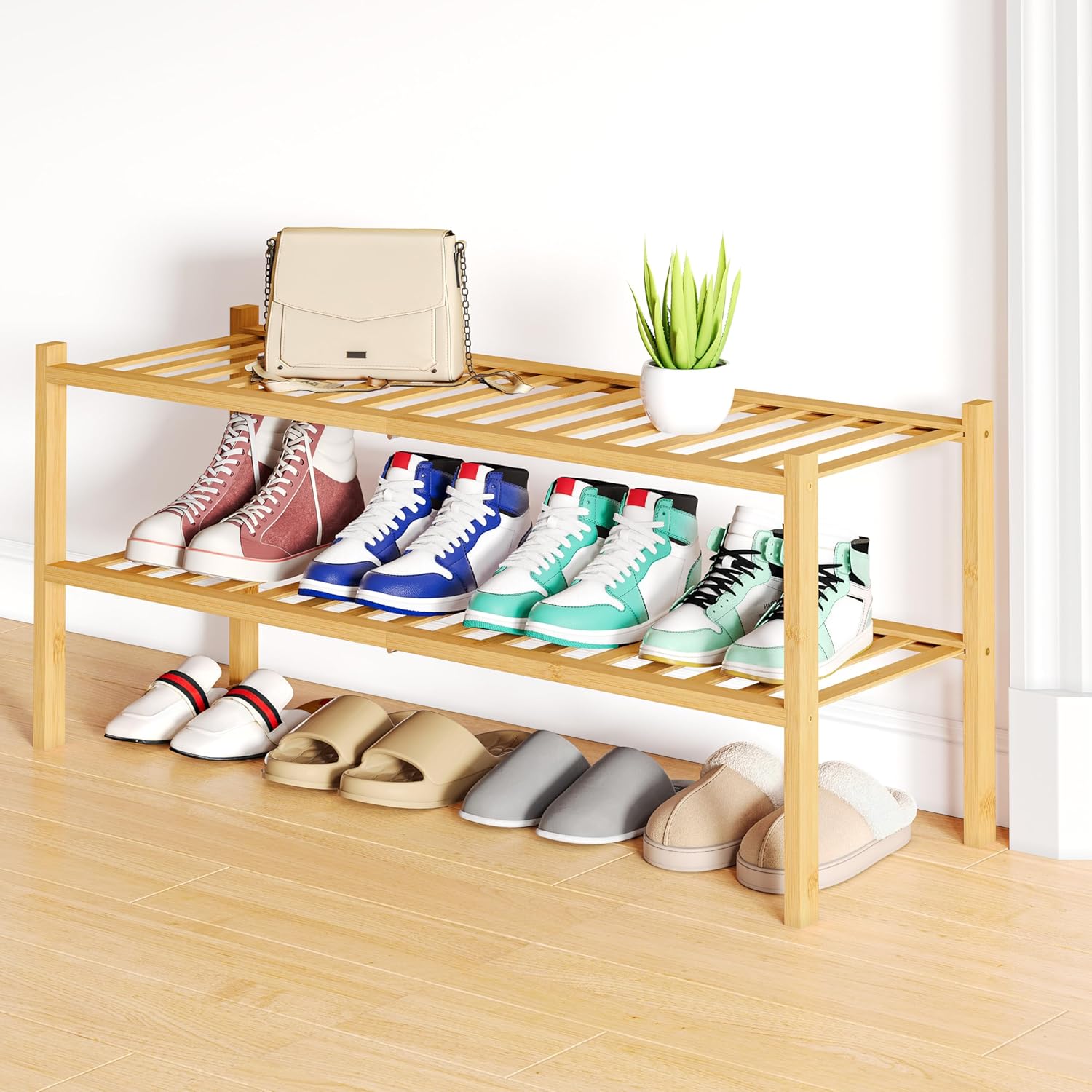 Shoe Rack, 3 Tier Bamboo Shoe Organizer,
