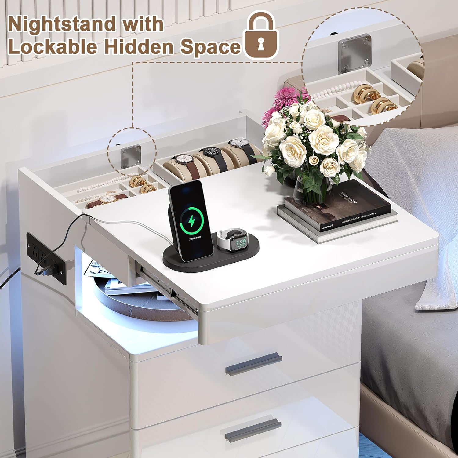 Led Nightstand with Hidden Space
