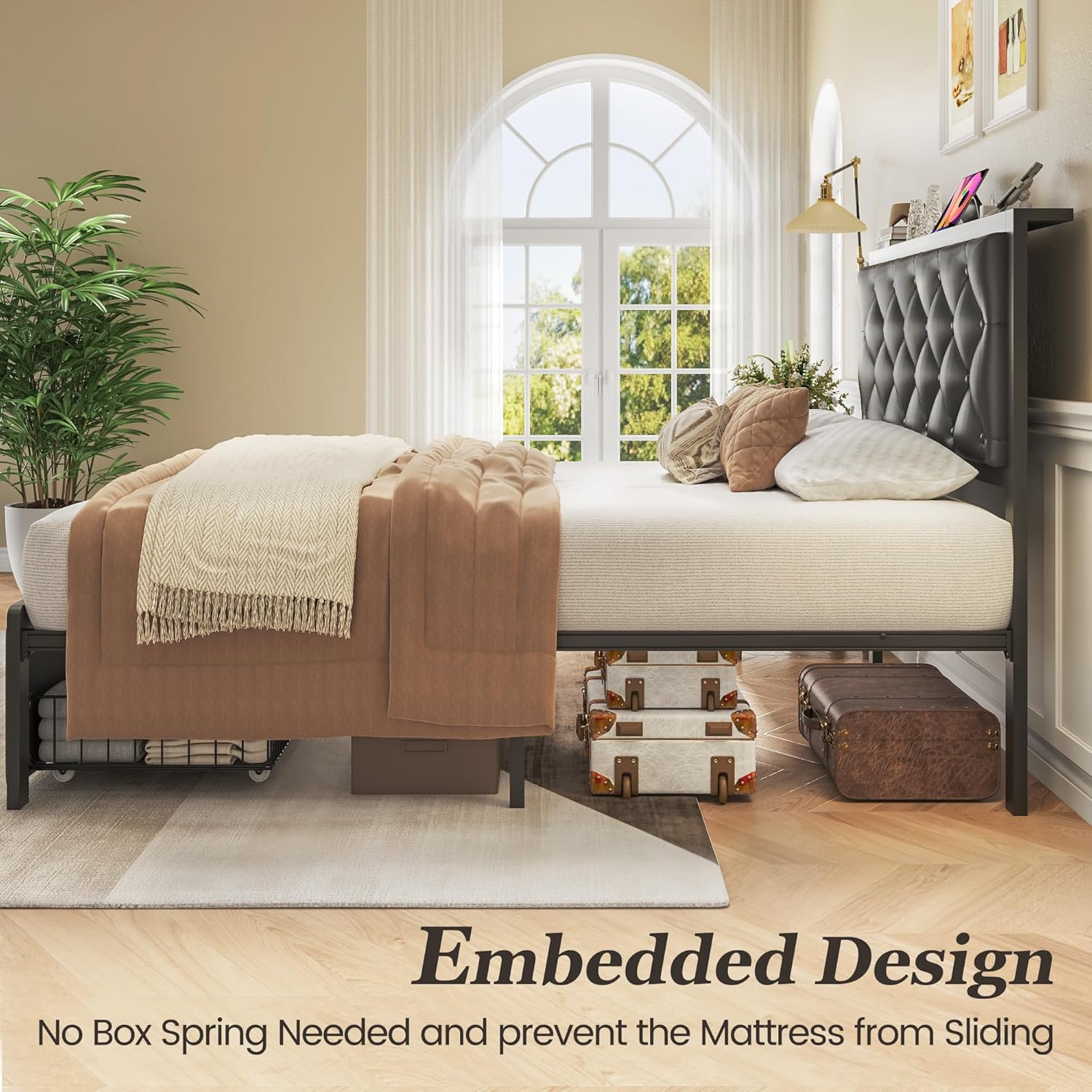 Queen Bed Frame with 2 Storage Drawers, Upholstered Headboard Button Tufted Bed Frame with Charging Station, No Box Spring Needed, Noise-Free, All Metal Structure, Black