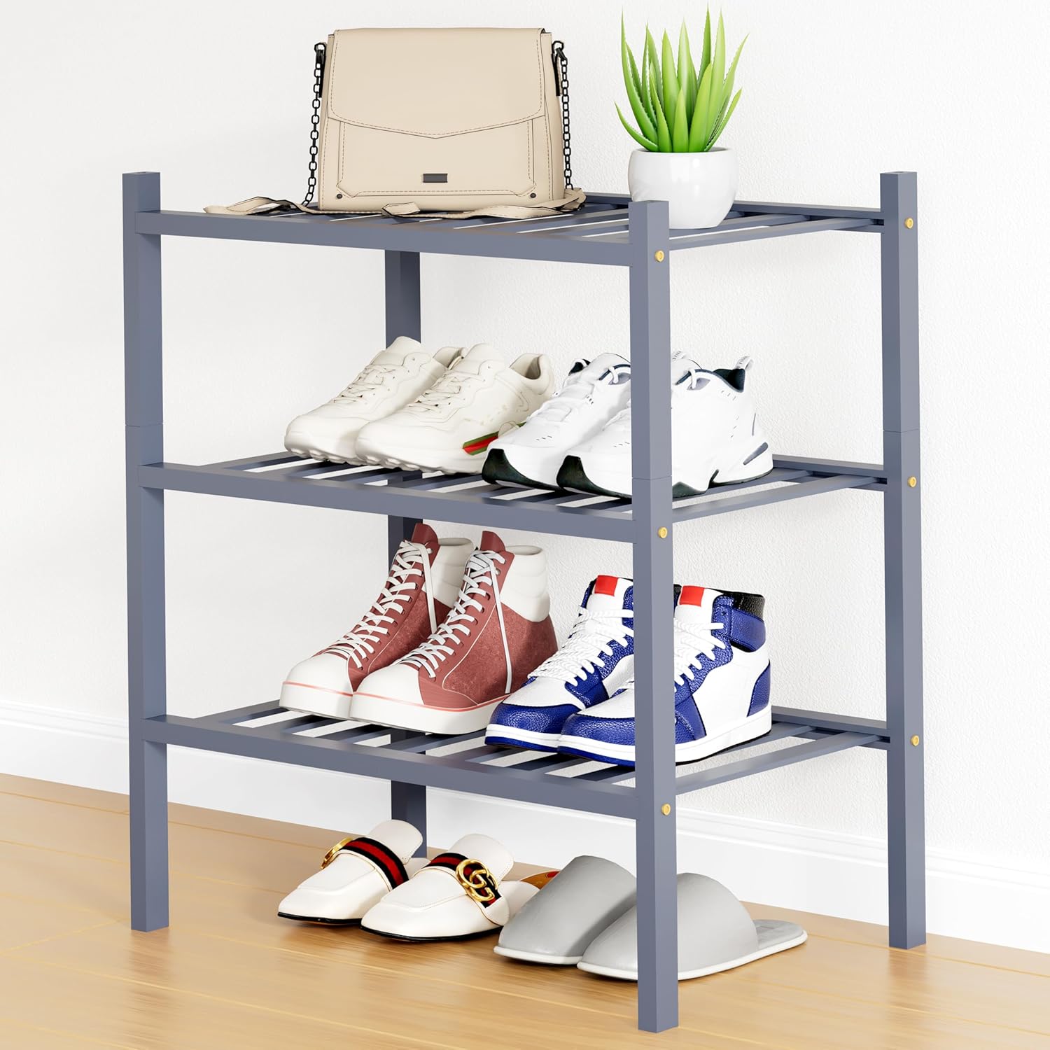 Shoe Rack, 3 Tier Bamboo Shoe Organizer,