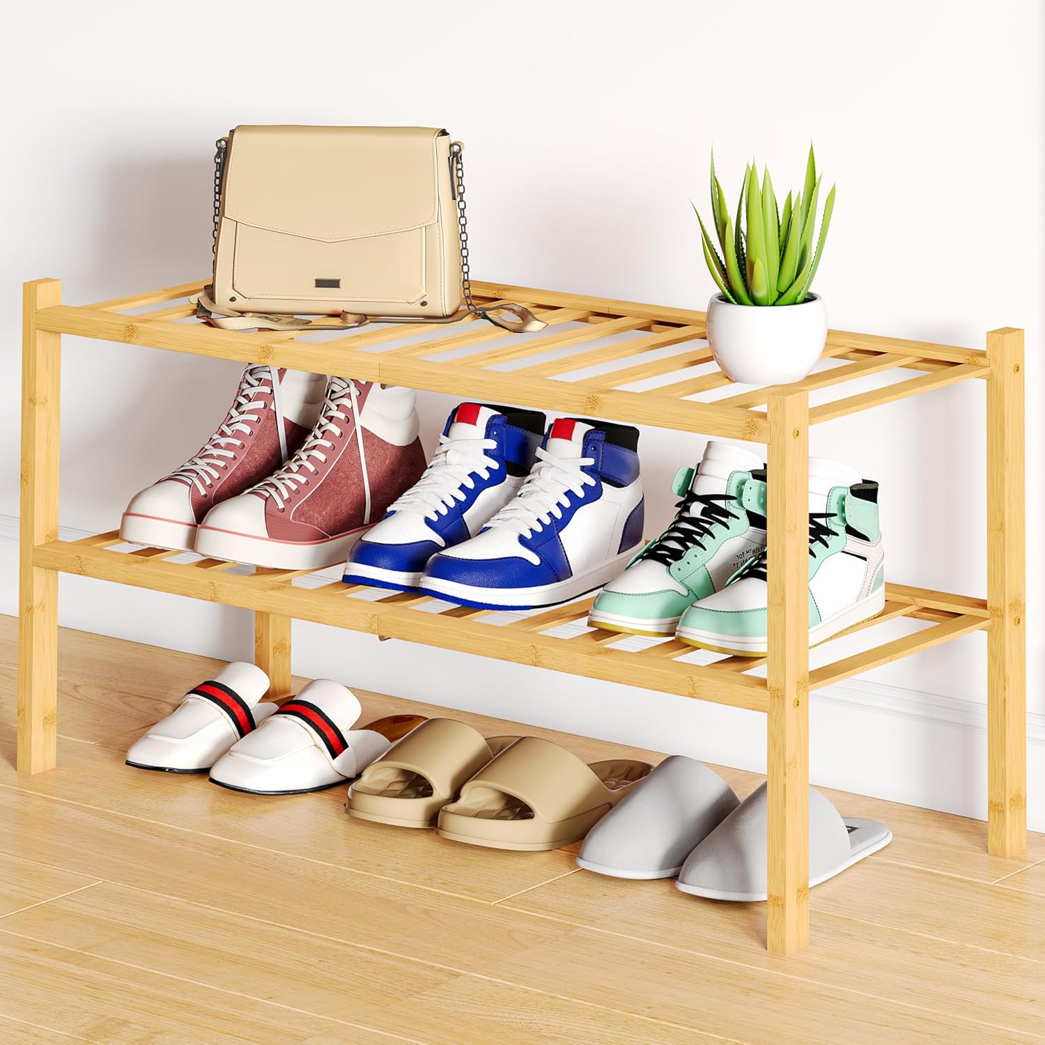 Shoe Rack, 3 Tier Bamboo Shoe Organizer,