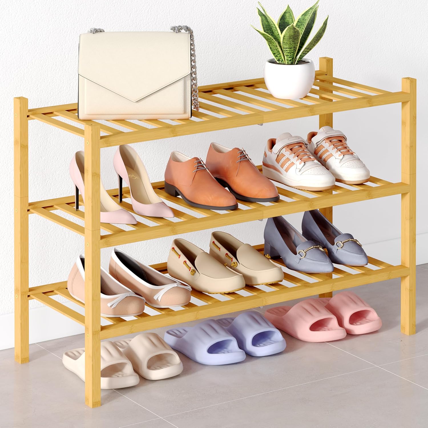 Shoe Rack, 3 Tier Bamboo Shoe Organizer,