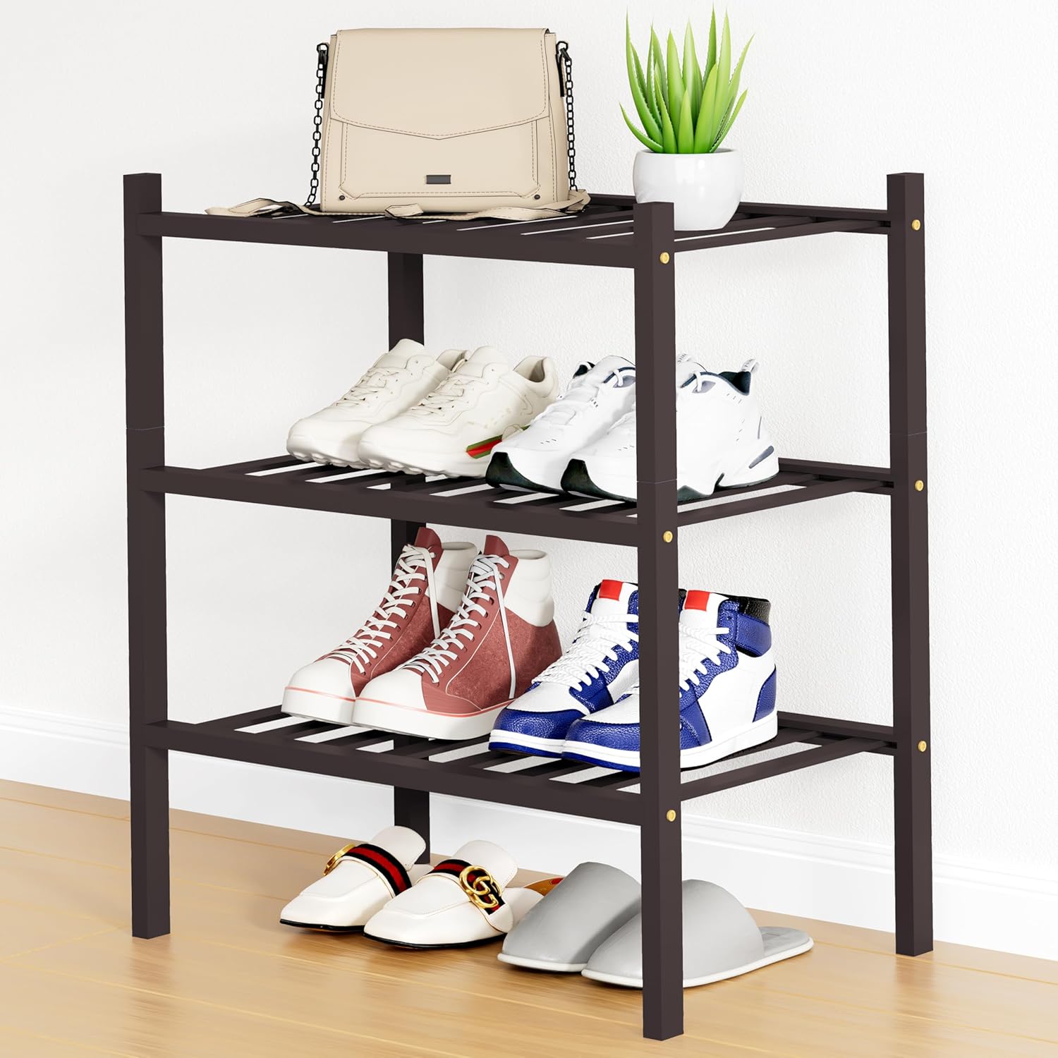Shoe Rack, 3 Tier Bamboo Shoe Organizer,