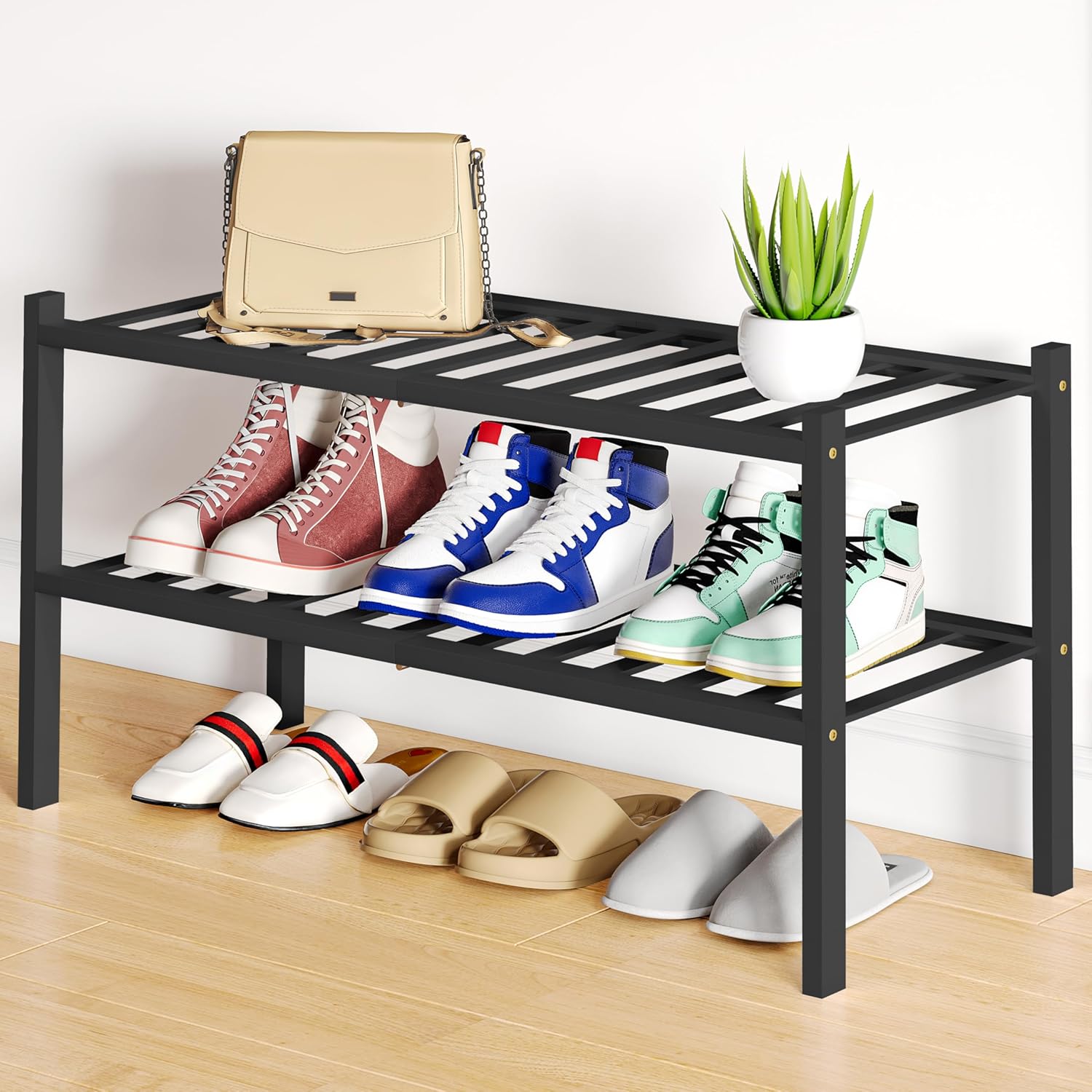 Shoe Rack, 3 Tier Bamboo Shoe Organizer,
