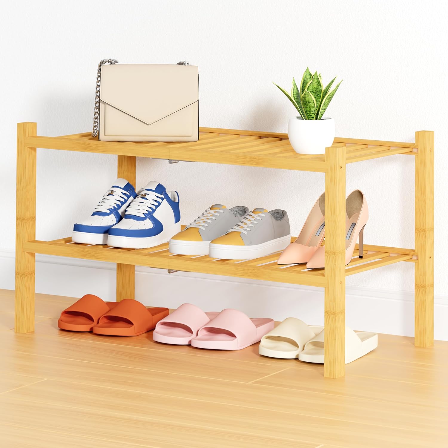 Shoe Rack, 3 Tier Bamboo Shoe Organizer,