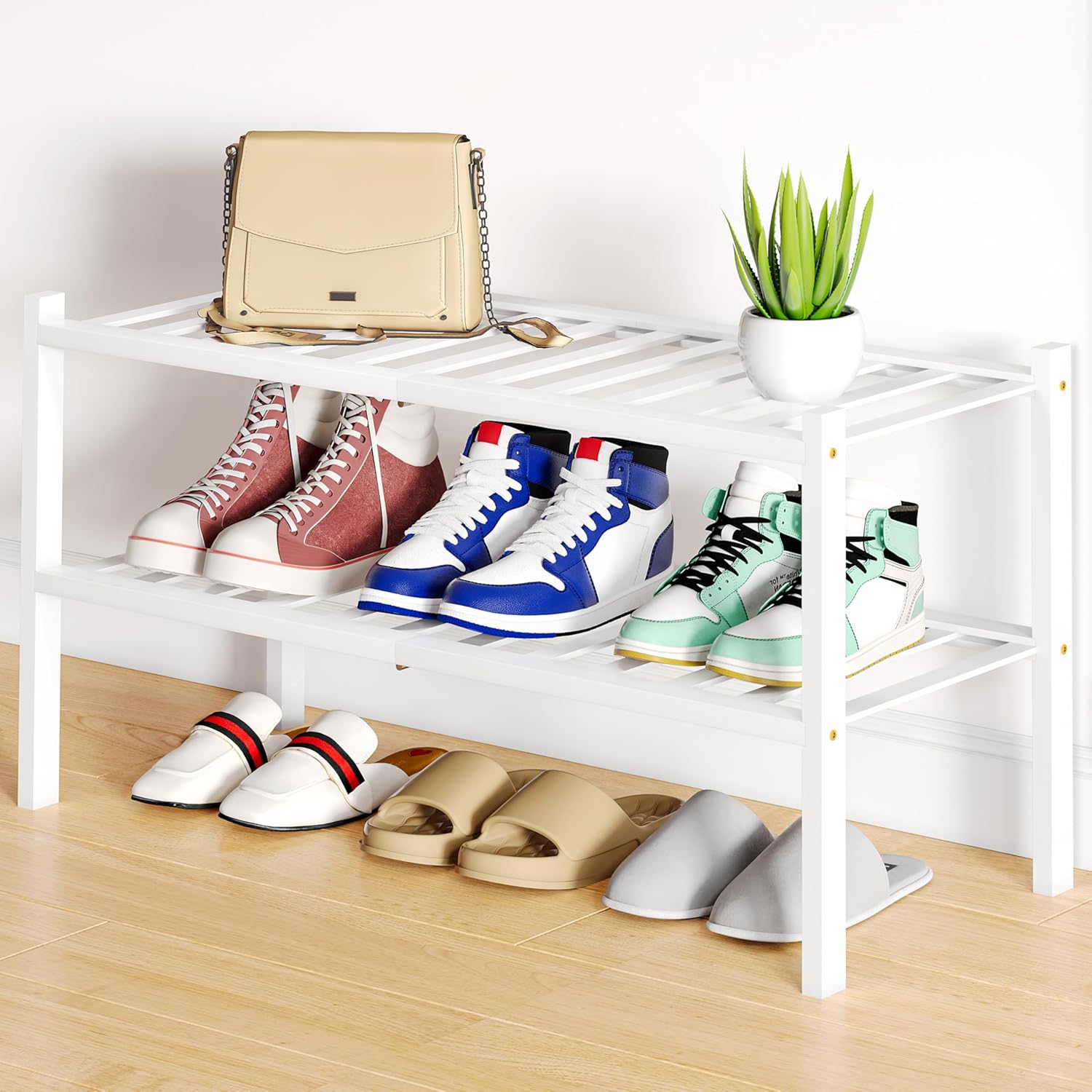 Shoe Rack, 3 Tier Bamboo Shoe Organizer,