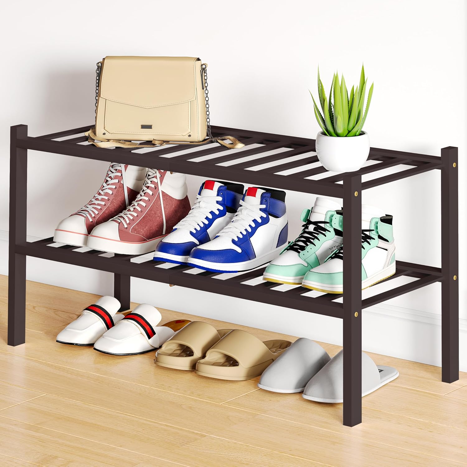 Shoe Rack, 3 Tier Bamboo Shoe Organizer,