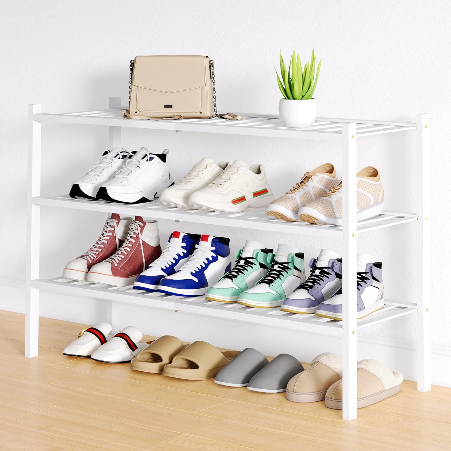 Shoe Rack, 3 Tier Bamboo Shoe Organizer,