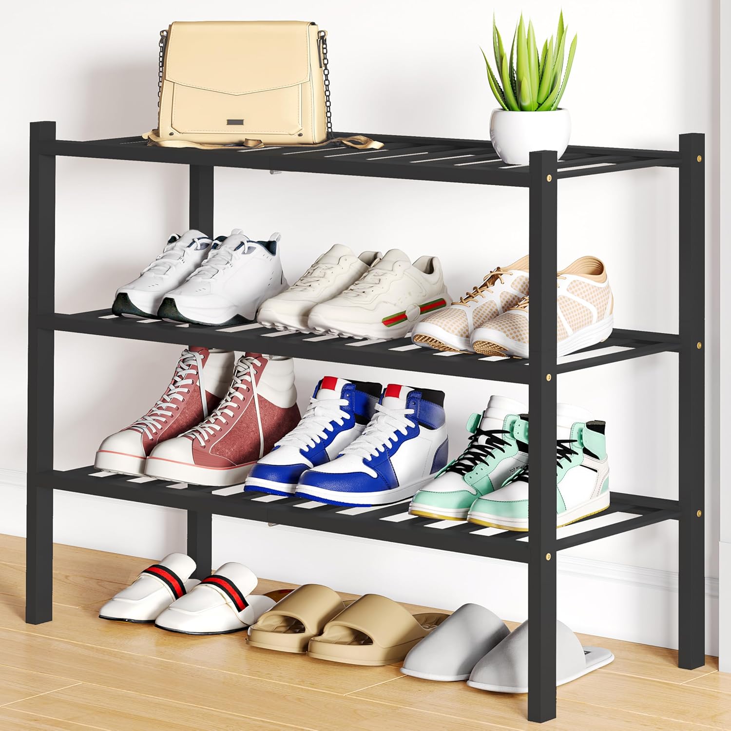 Shoe Rack, 3 Tier Bamboo Shoe Organizer,