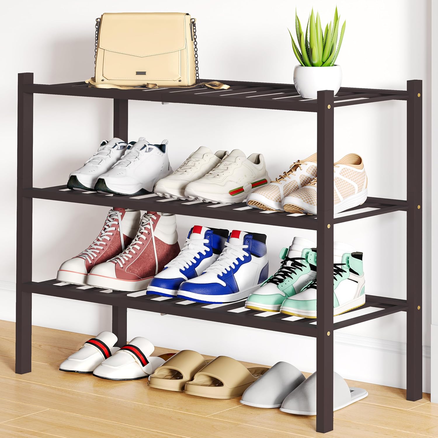 Shoe Rack, 3 Tier Bamboo Shoe Organizer,