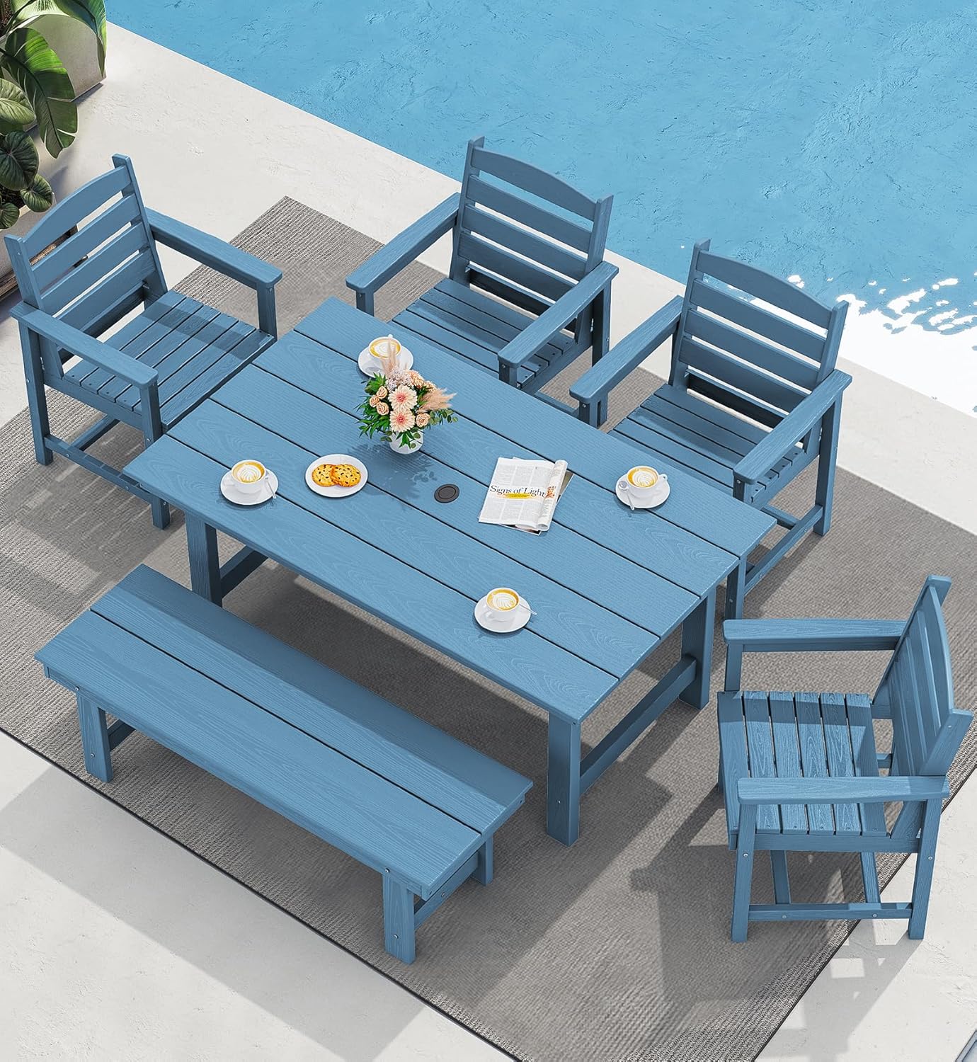 Outdoor HDPE Dining Table Set, 7-Piece Outdoor Dining Table Sets