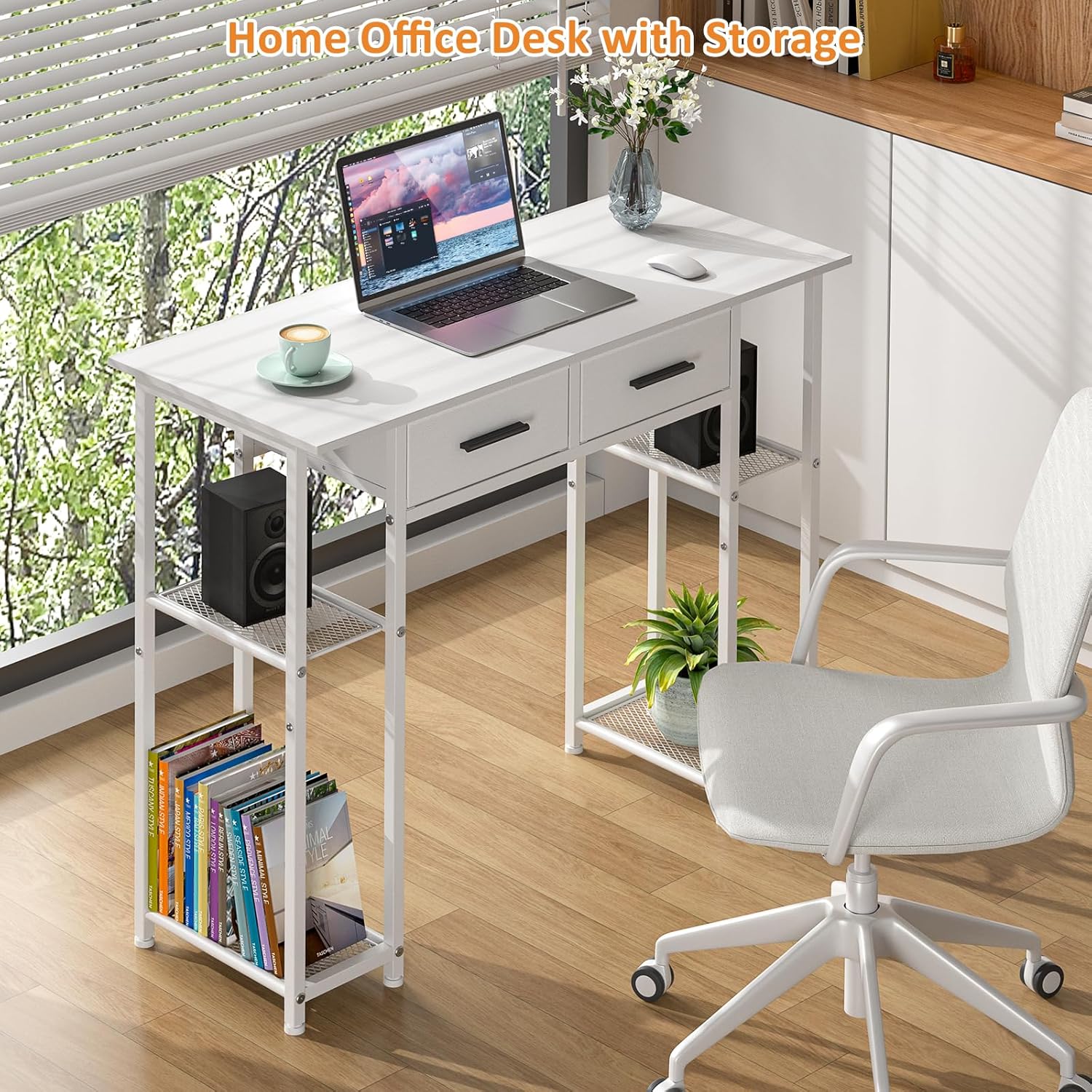 White Computer Desk with Drawers,