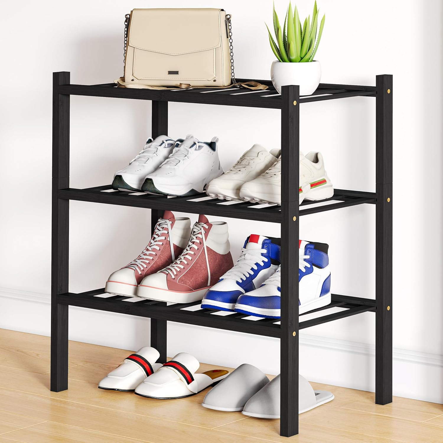 Shoe Rack, 3 Tier Bamboo Shoe Organizer,