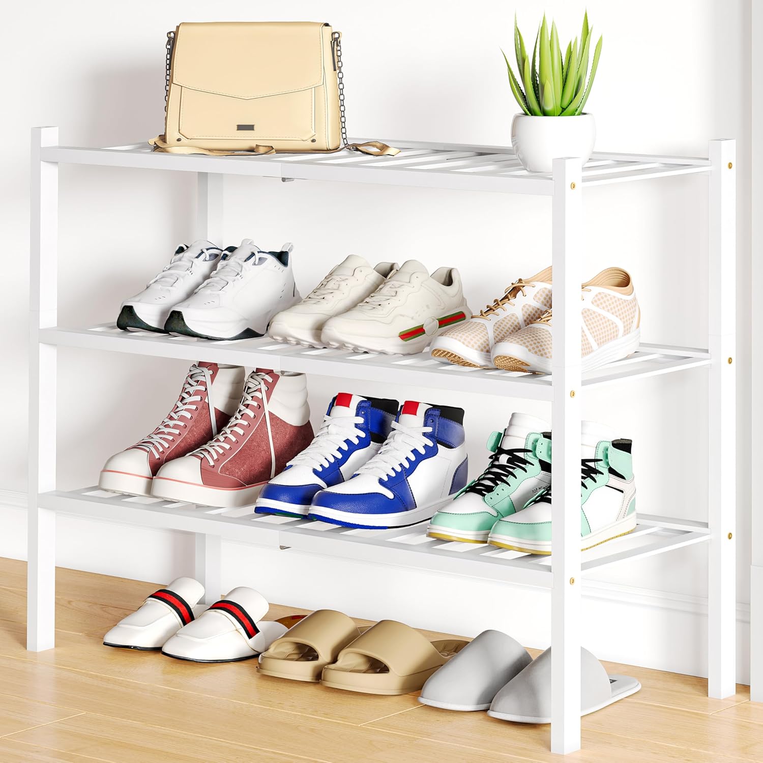 Shoe Rack, 3 Tier Bamboo Shoe Organizer,