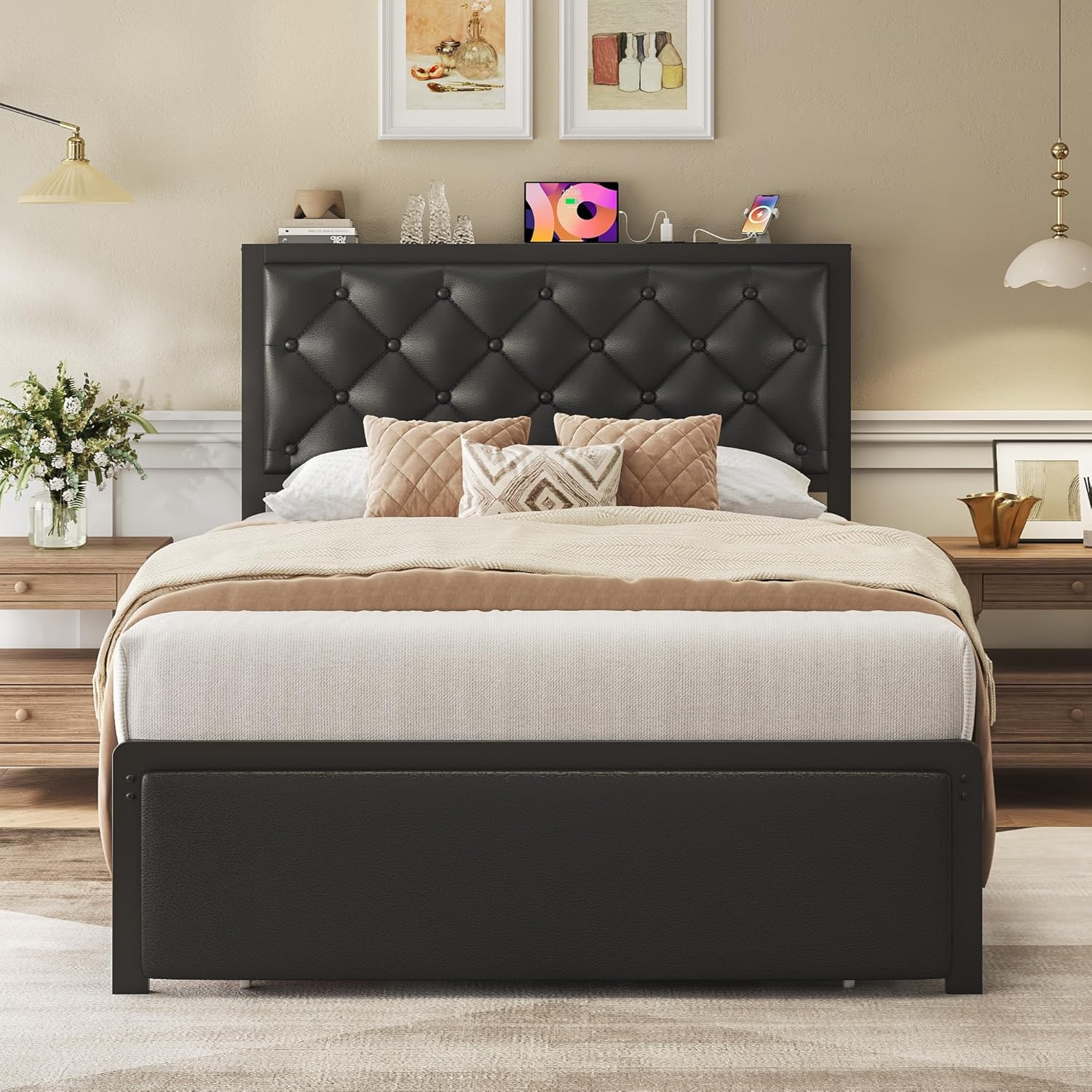 Queen Bed Frame with 2 Storage Drawers, Upholstered Headboard Button Tufted Bed Frame with Charging Station, No Box Spring Needed, Noise-Free, All Metal Structure, Black