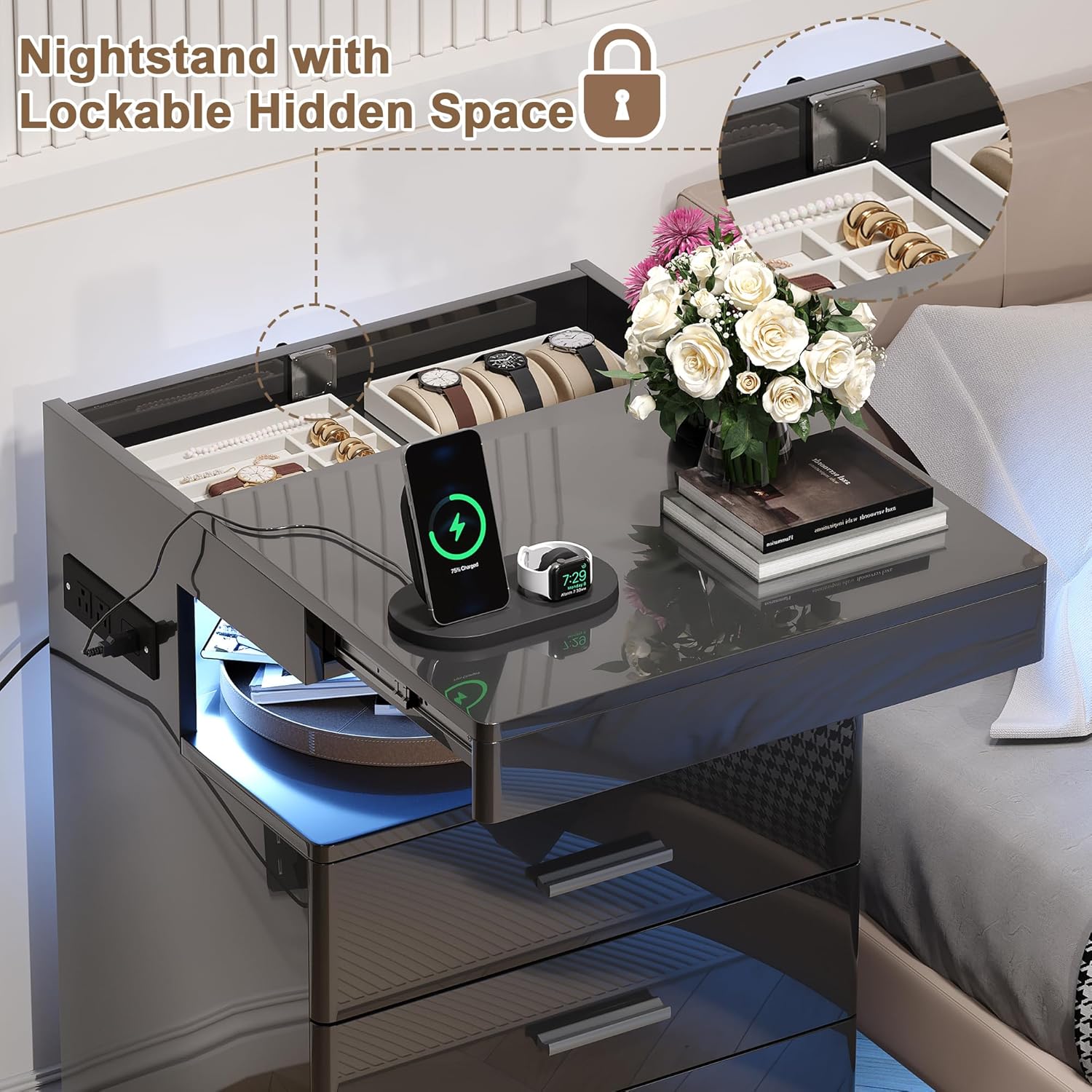 Led Nightstand with Hidden Space