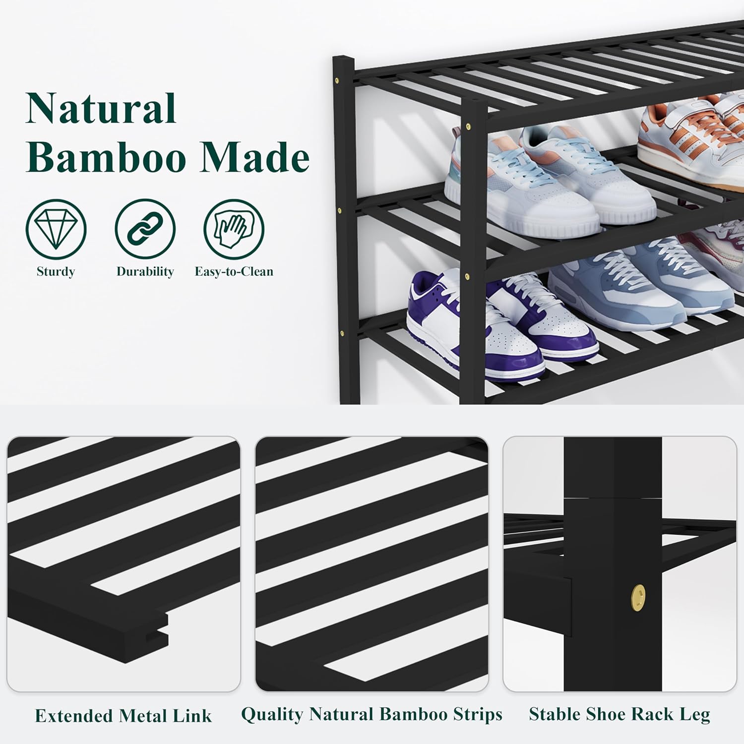 Shoe Rack, 3 Tier Bamboo Shoe Organizer,