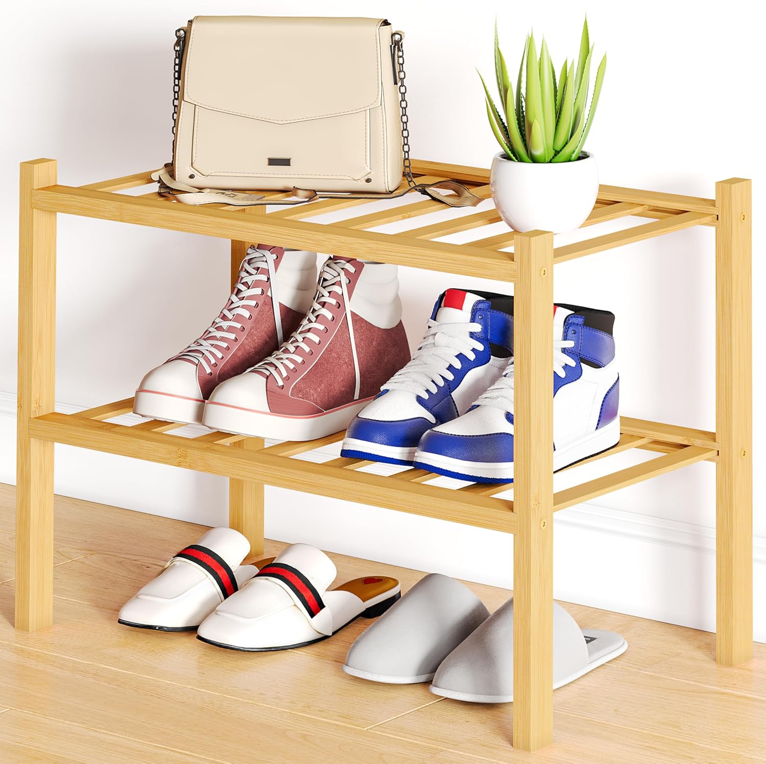 Shoe Rack, 3 Tier Bamboo Shoe Organizer,