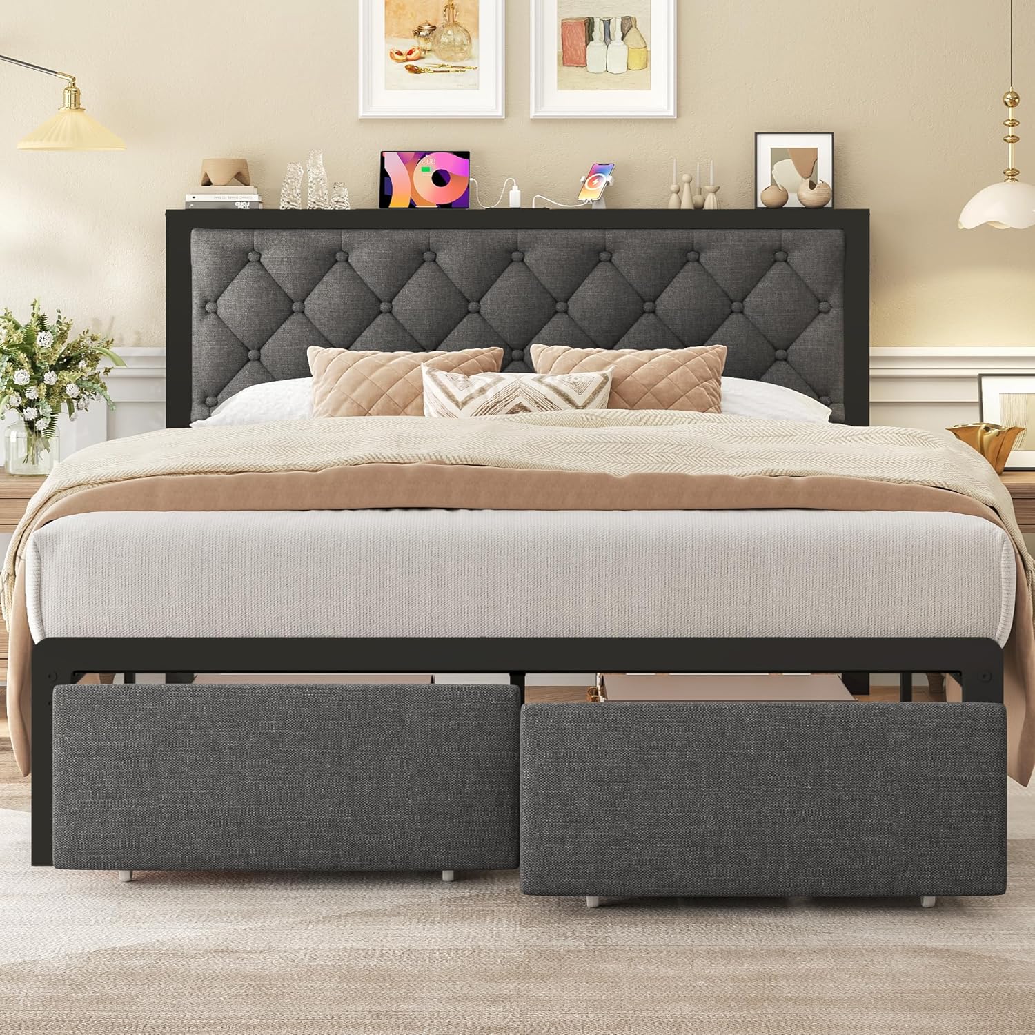 Queen Bed Frame with 2 Storage Drawers, Upholstered Headboard Button Tufted Bed Frame with Charging Station, No Box Spring Needed, Noise-Free, All Metal Structure, Black