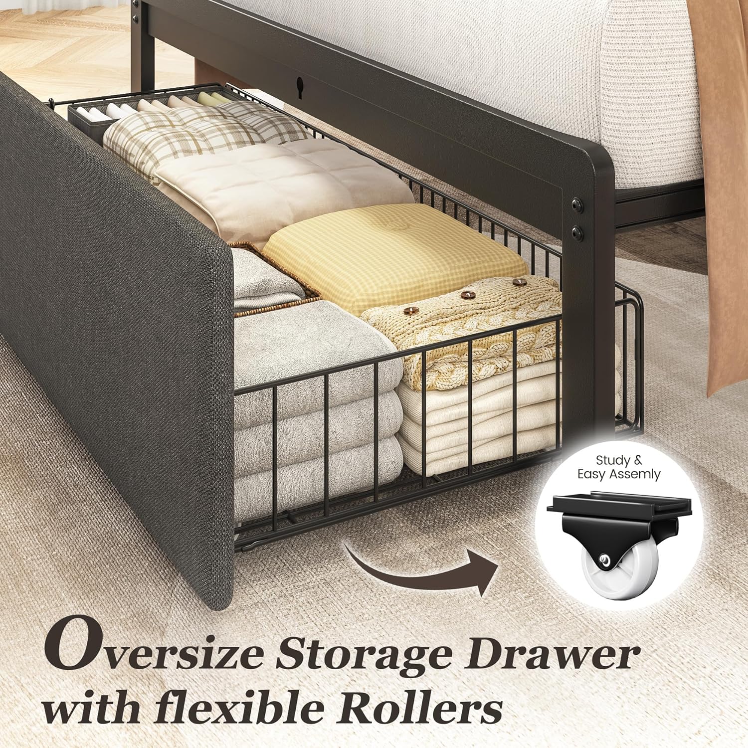 Queen Bed Frame with 2 Storage Drawers, Upholstered Headboard Button Tufted Bed Frame with Charging Station, No Box Spring Needed, Noise-Free, All Metal Structure, Black