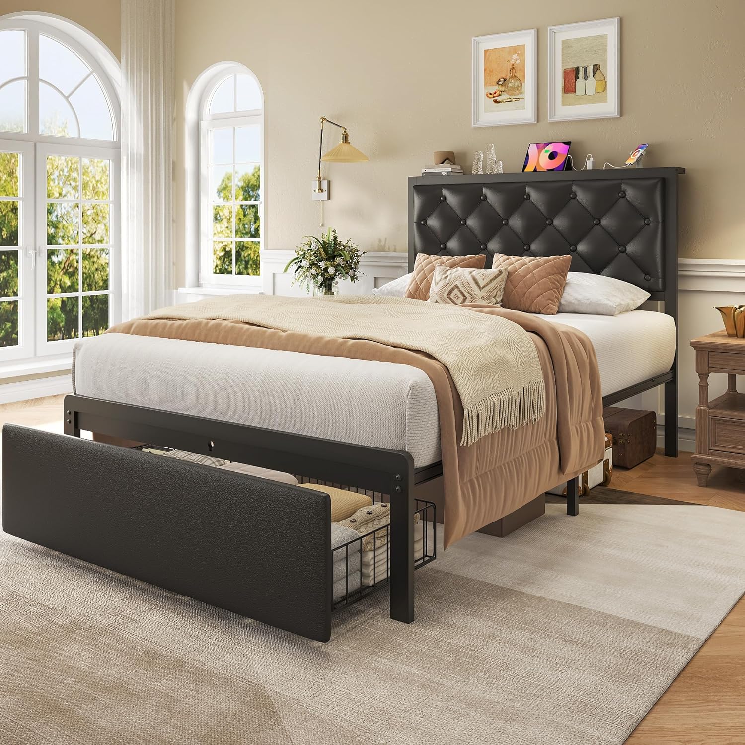 Queen Bed Frame with 2 Storage Drawers, Upholstered Headboard Button Tufted Bed Frame with Charging Station, No Box Spring Needed, Noise-Free, All Metal Structure, Black