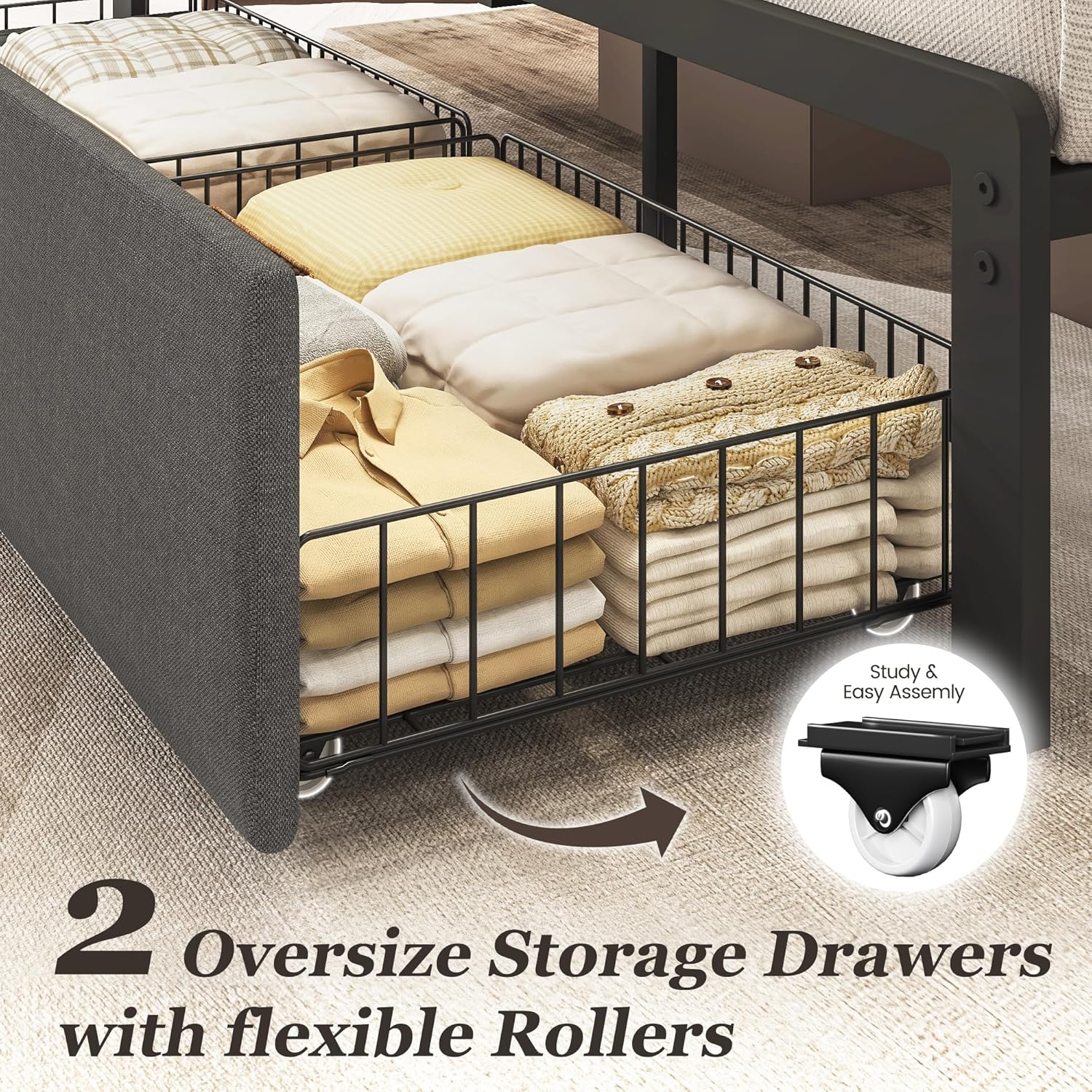 Queen Bed Frame with 2 Storage Drawers, Upholstered Headboard Button Tufted Bed Frame with Charging Station, No Box Spring Needed, Noise-Free, All Metal Structure, Black