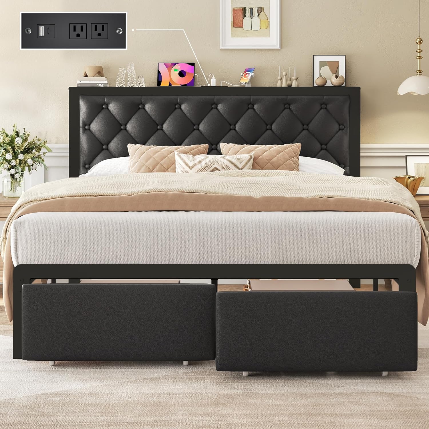 Queen Bed Frame with 2 Storage Drawers, Upholstered Headboard Button Tufted Bed Frame with Charging Station, No Box Spring Needed, Noise-Free, All Metal Structure, Black