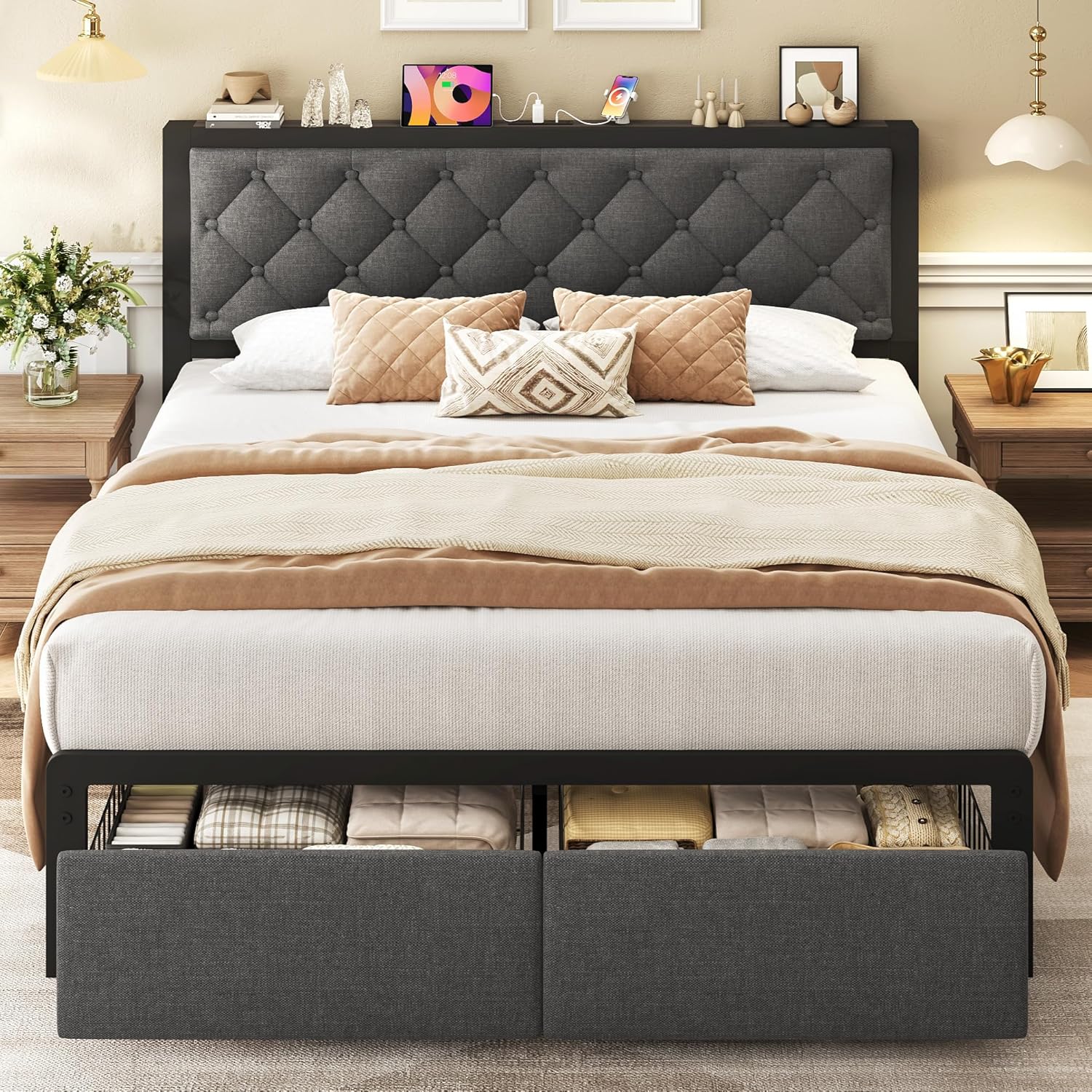 Queen Bed Frame with 2 Storage Drawers, Upholstered Headboard Button Tufted Bed Frame with Charging Station, No Box Spring Needed, Noise-Free, All Metal Structure, Black