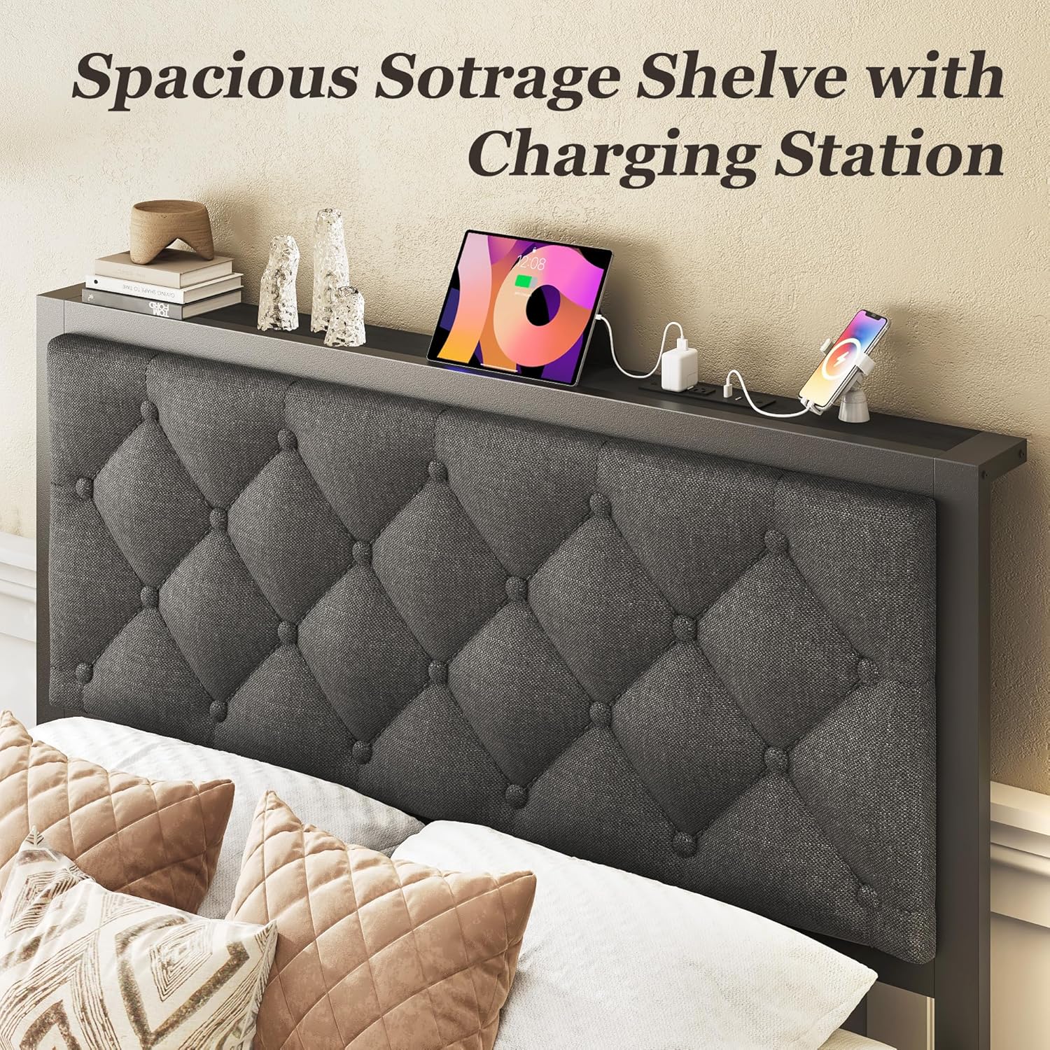 Queen Bed Frame with 2 Storage Drawers, Upholstered Headboard Button Tufted Bed Frame with Charging Station, No Box Spring Needed, Noise-Free, All Metal Structure, Black