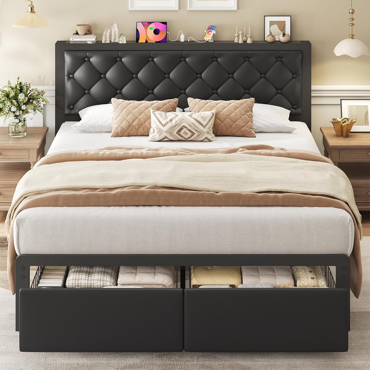 Queen Bed Frame with 2 Storage Drawers, Upholstered Headboard Button Tufted Bed Frame with Charging Station, No Box Spring Needed, Noise-Free, All Metal Structure, Black