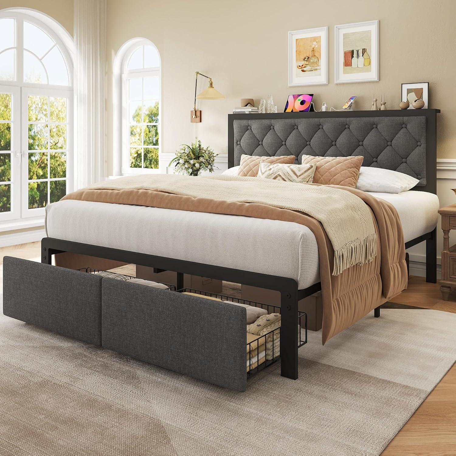 Queen Bed Frame with 2 Storage Drawers, Upholstered Headboard Button Tufted Bed Frame with Charging Station, No Box Spring Needed, Noise-Free, All Metal Structure, Black