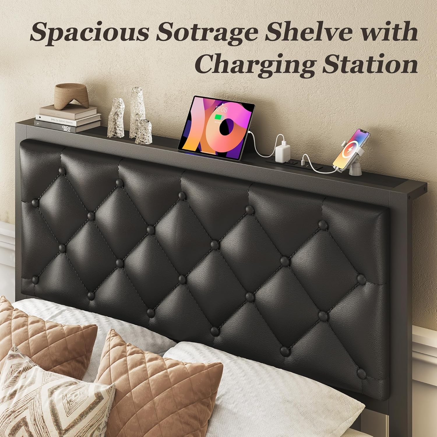 Queen Bed Frame with 2 Storage Drawers, Upholstered Headboard Button Tufted Bed Frame with Charging Station, No Box Spring Needed, Noise-Free, All Metal Structure, Black