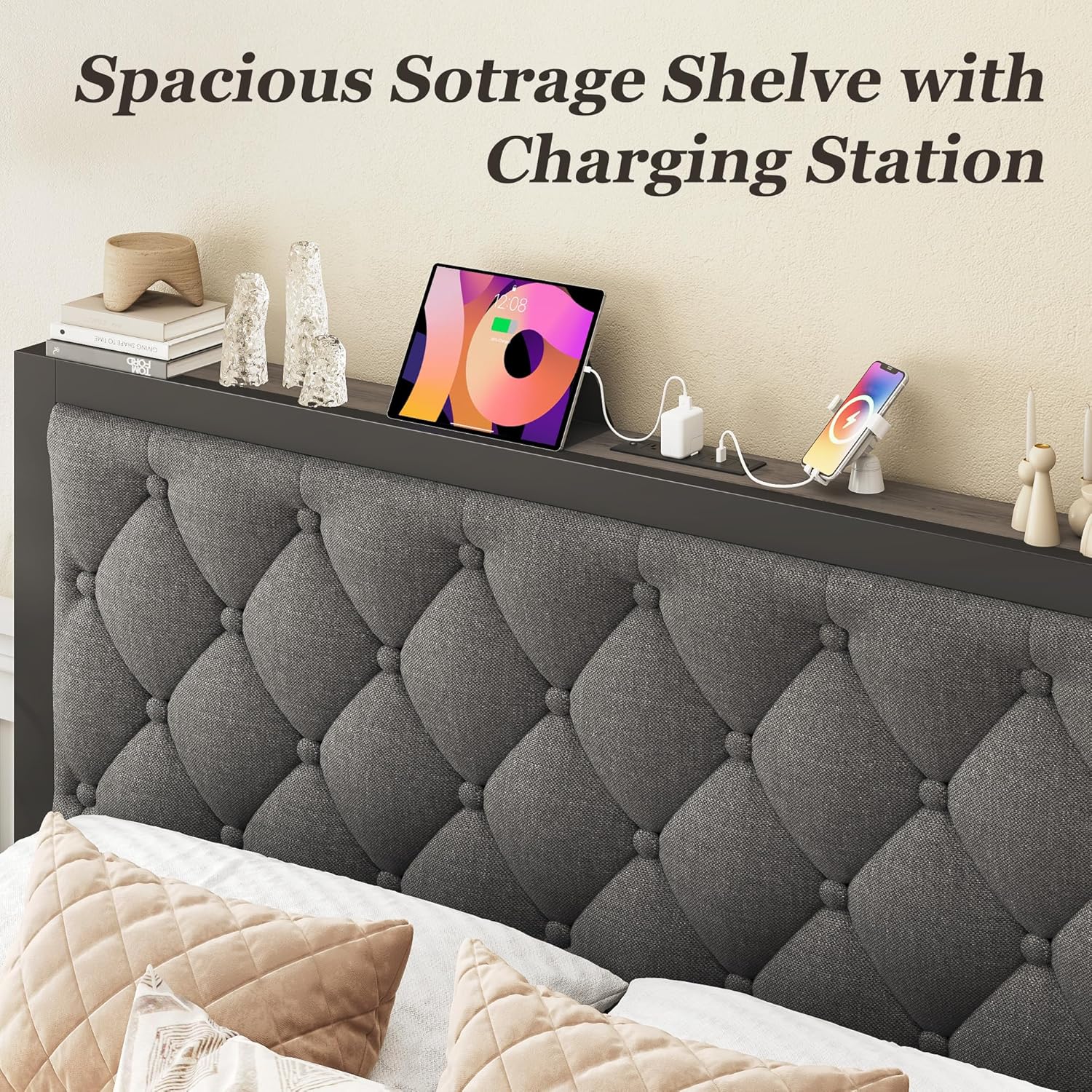 Queen Bed Frame with 2 Storage Drawers, Upholstered Headboard Button Tufted Bed Frame with Charging Station, No Box Spring Needed, Noise-Free, All Metal Structure, Black